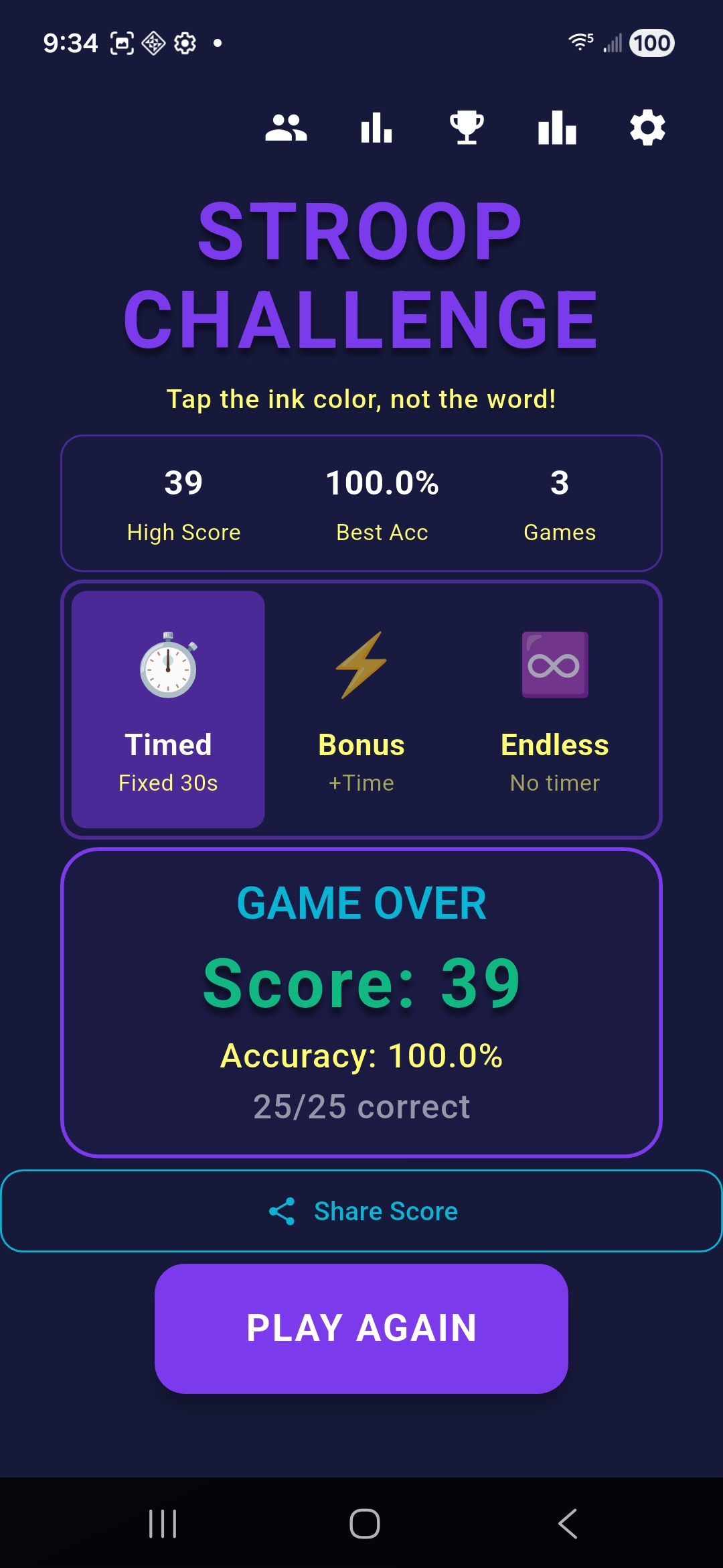Stroop Challenge home screen