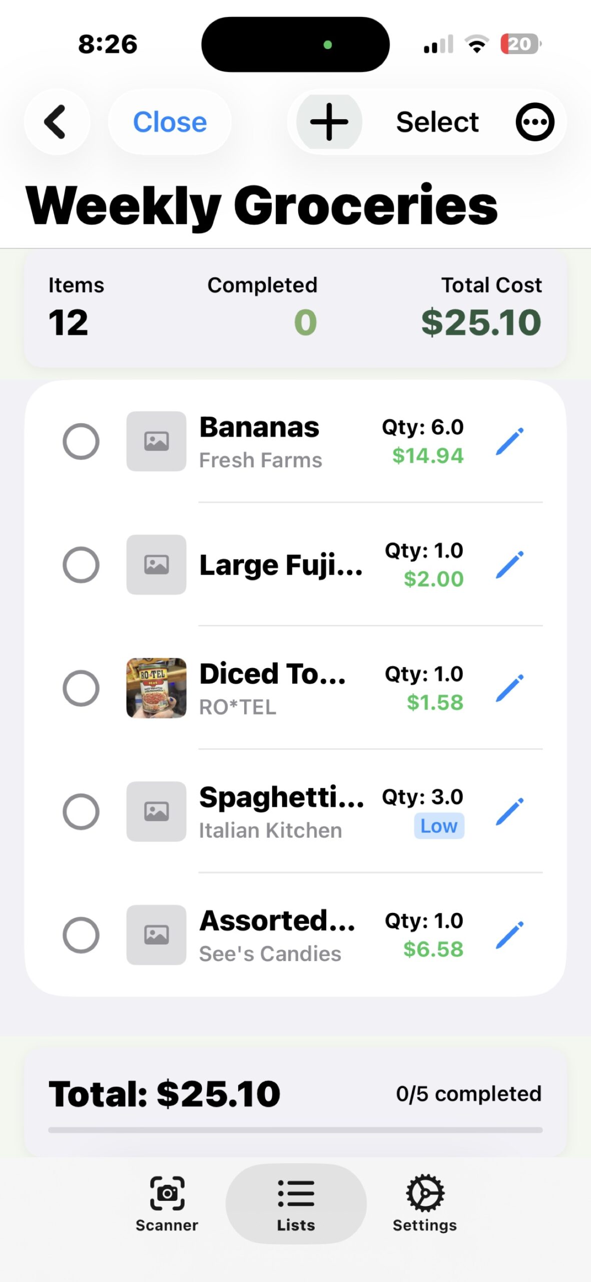 Smart Shopping Scanner shopping list